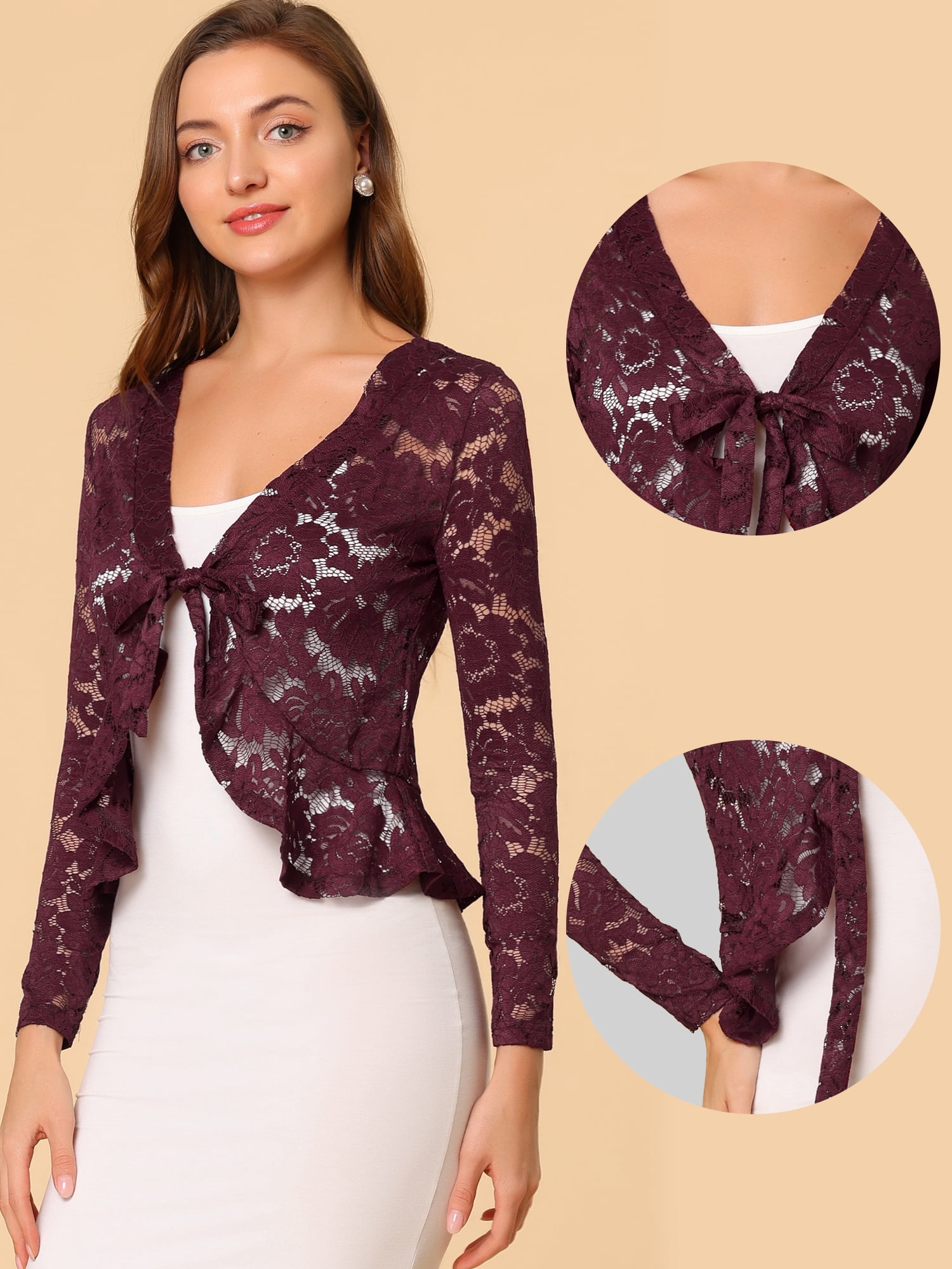 DARING DIVA Women's Ruffled Hem Floral Lace Crop Shrug Cardigan 3X-Large Burgundy