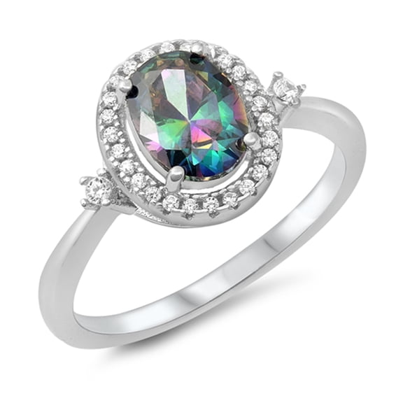 Multi-color Cubic Zirconia Studded Halo Ring .925 Sterling Silver Band Black Jewelry Female Size 10