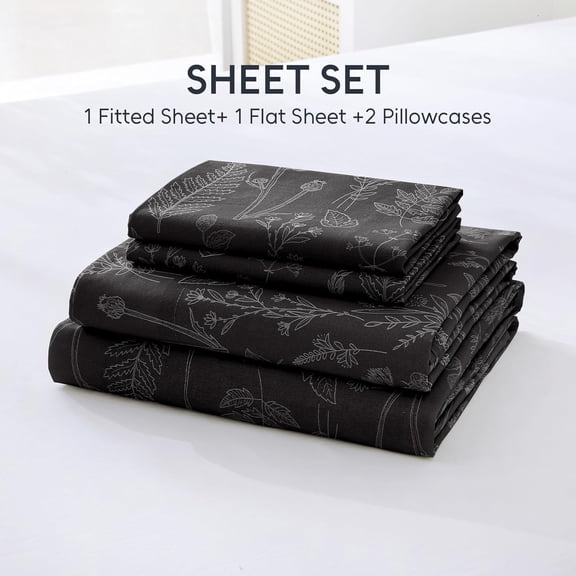 Natural Cotton Percale Sheets Set Queen Size 4 PC Breathable Hotel Quality Bedding Black Floral