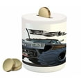 thumbnail image 1 of Cars Piggy Bank, Popular Large Suspension Monster Truck Dead Skull Pirate Flag Off to Road Art, Ceramic Coin Bank Money Box for Cash Saving, 3.6" X 3.2", Cadet Blue White, by Ambesonne, 1 of 4