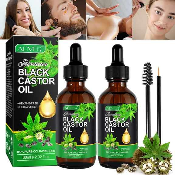 Aliver Jamaican Black Castor Massage Oils,Organic Castor Essential Oil for Yoga Aromatherapy Oil, 100% Pure Cold Pressed Massage Oil,Hair Nourishing, Anti-Aging 60ml(2.02 fl.oz)- 2pack