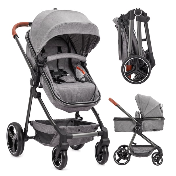 Cochecito convertible 2 en 1 para bebé, carrito plegable reversible con capota, estructura de aluminio, arnés de 5 puntos para bebés y niños pequeños, gris