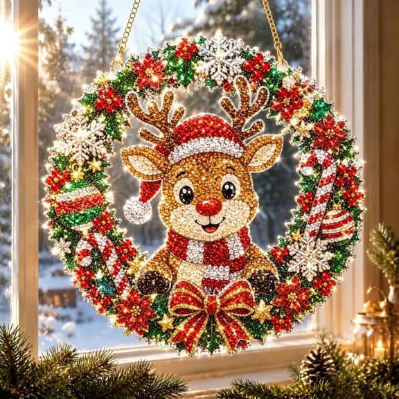 Christmas Diamond Art,Christmas Diamond Painting,Christmas Diamond Art Hanging Wreath,Christmas Diamond Pearl Painting Suncatcher Kit, DIY Pearl Art Craft for Christmas Tree(B 8in)