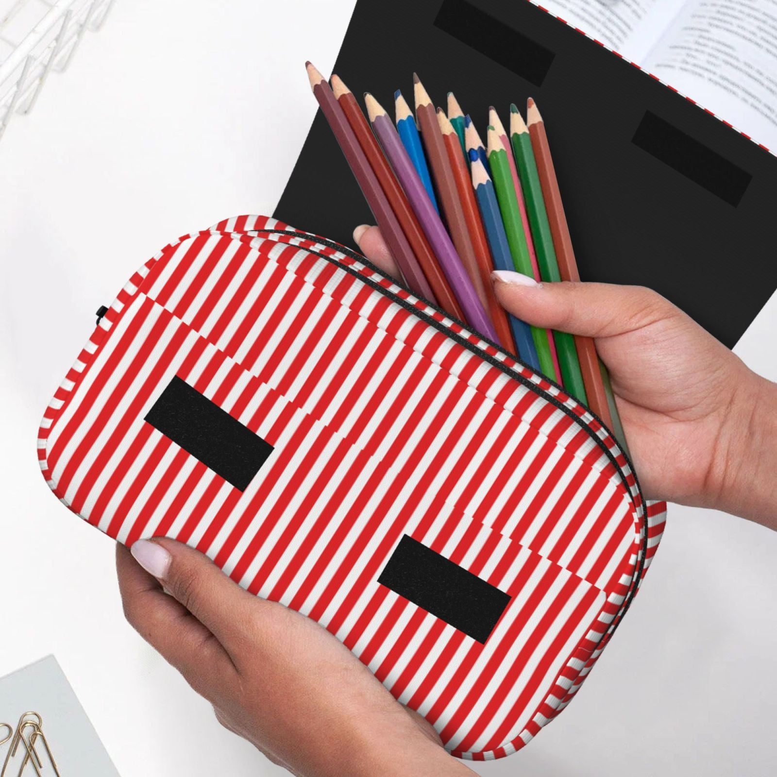 Rateoe Red And White Stripes Pattern Double Clamshell Pen Case, Storage Organizer with Two Zipper Compartments– Holds Up to 50 Pencils & Pens