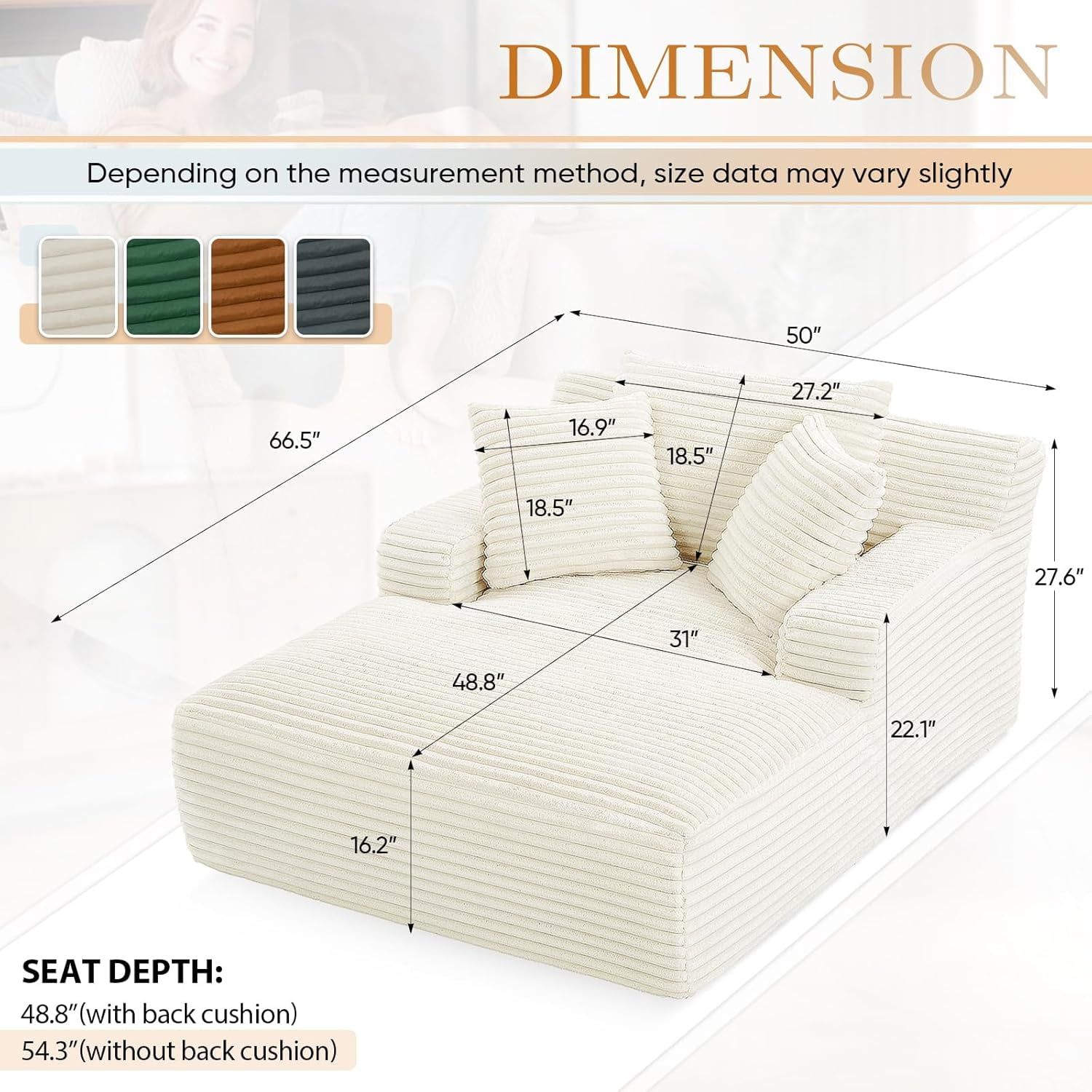 AENKYO 50" Chaise Lounge Sofa Bed with 3 Pillows, Convertible Sleeper Couch for Living Room, Bedroom & Small Spaces - Corduroy Upholstered Deep Seat Comfy Furniture - White