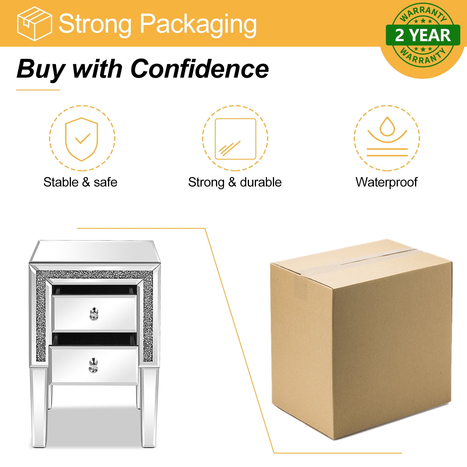 2-Drawer MDF Bedside Table with Mirror Finish, Silver, 16.2 x 13 x 24.8 in