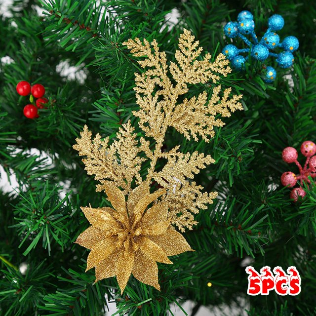 5Pcs Christmas Poinsettia Glitter Flower Pine Branches Tree Hanging Party Decor