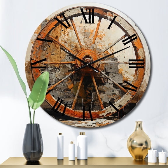 Designart "Wheels of Time The Old Cart in Orange III" Transportation Oversized Wall Clock