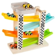 Toy Race Track and Racecar Set- Wooden Car Racer with 4 Colorful Cars by Hey! Play!