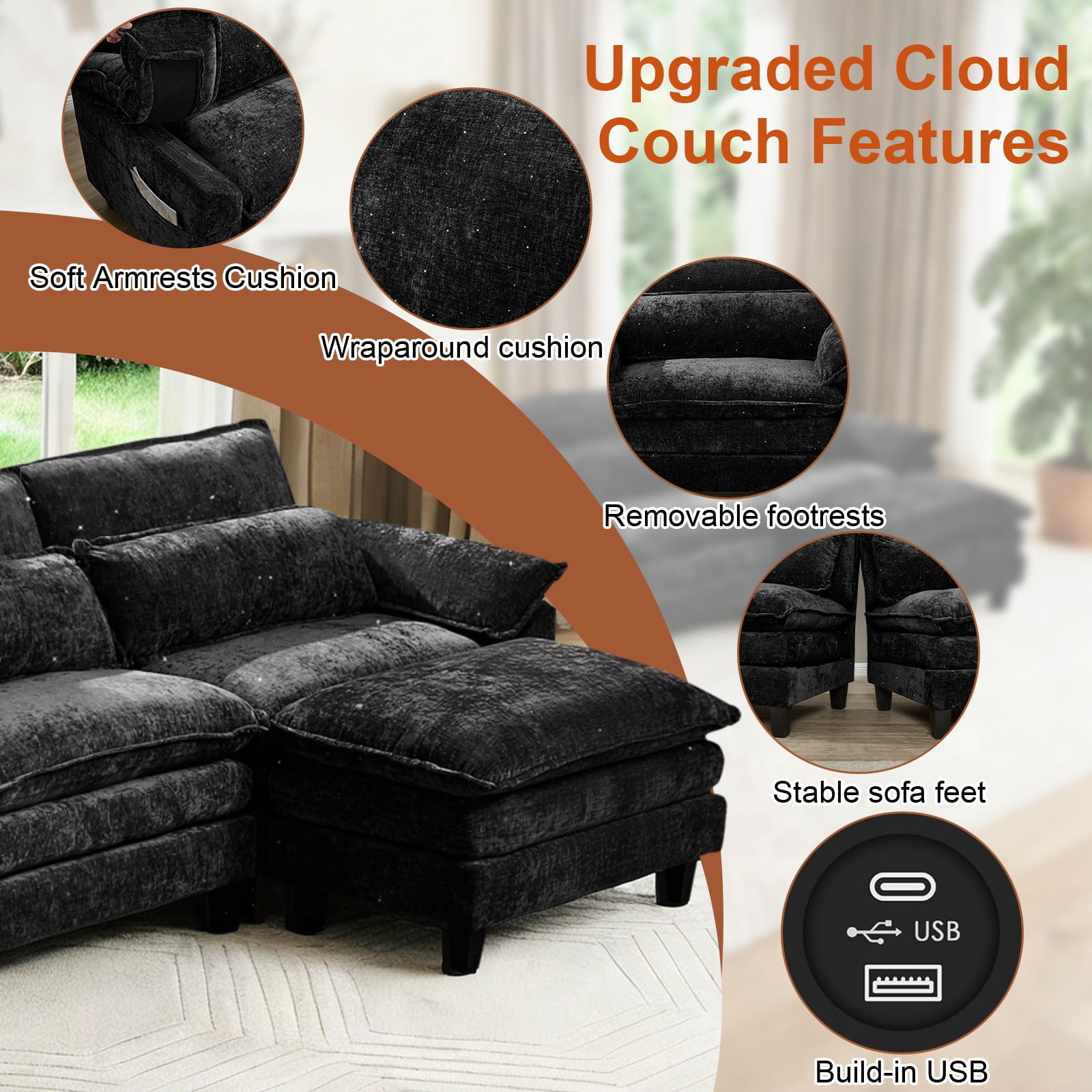 Howcool 148" Modular Sectional Sofa , 4 Seater L-Shaped Cloud Couch with Movable Ottoman, USB Charging Ports & Side Pockets, Sectional couchs for Living Room,Chenille Fabric,Black