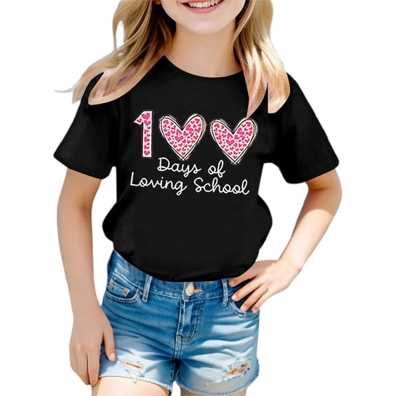 Girls 100 Days of School Shirt Short Sleeve Graphic Print Crew Neck Casual Tee Top for Kids Black 2 Years-3 Years