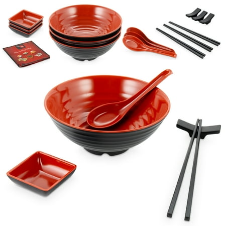 

Unbreakable Japanese Style Ramen Bowl Set of 4 With Ramen Recipe Book - 21 Piece - Red