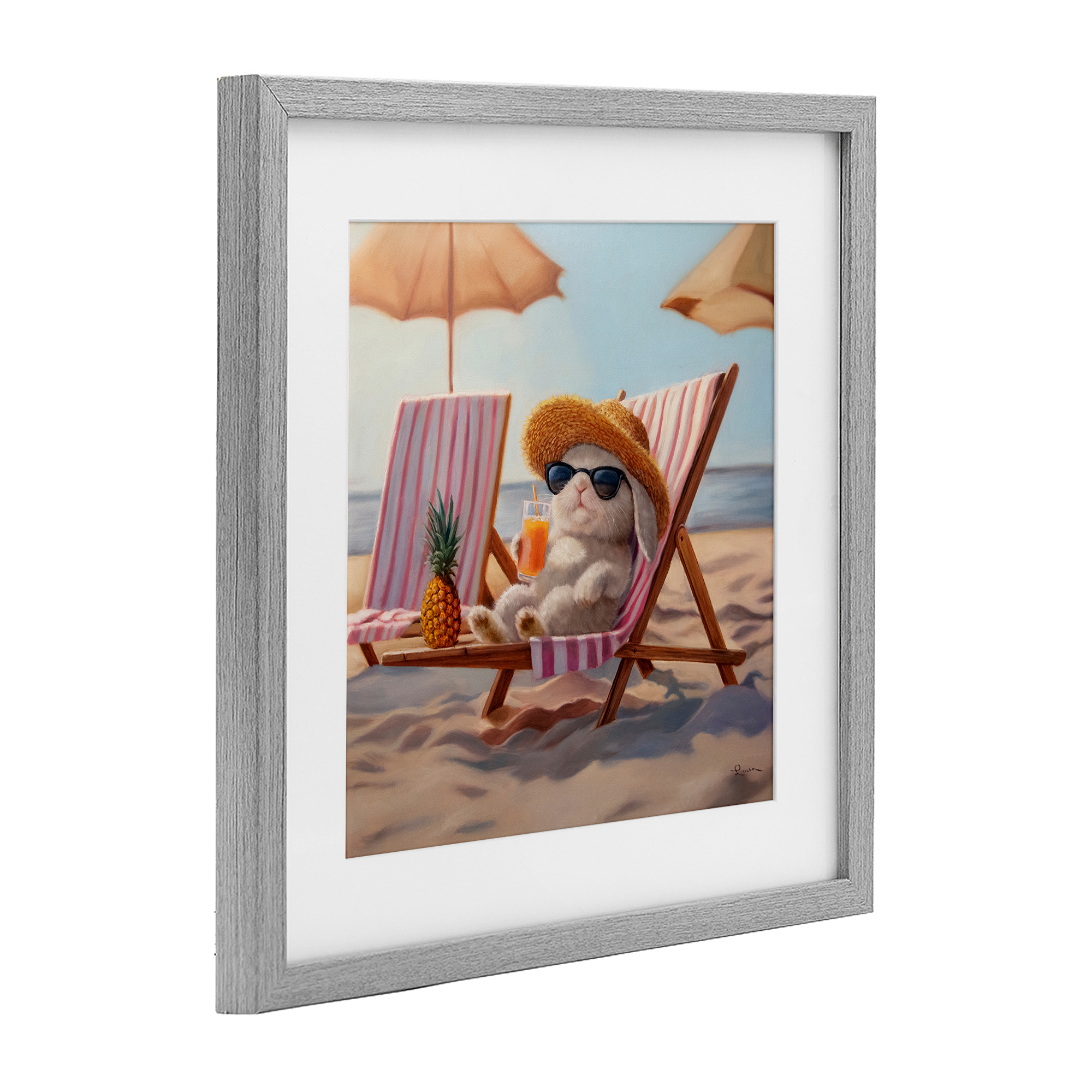 Beach Bun Relaxation Gray Framed Print Under Glass, design by Lucia Heffernan