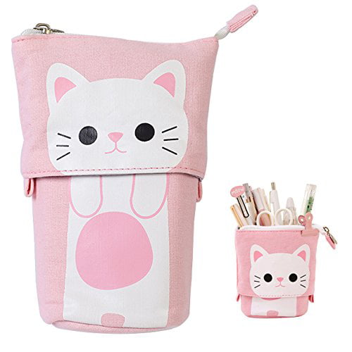 Cute Stationery Bag Pop Up Pen Case Stand Store Pencil Holder PU Cartoon Cat Pencil Pouch Box for Student College Adult School Supplies & Office 2 Pcs Telescopic Pencil Case Blue & Yellow 