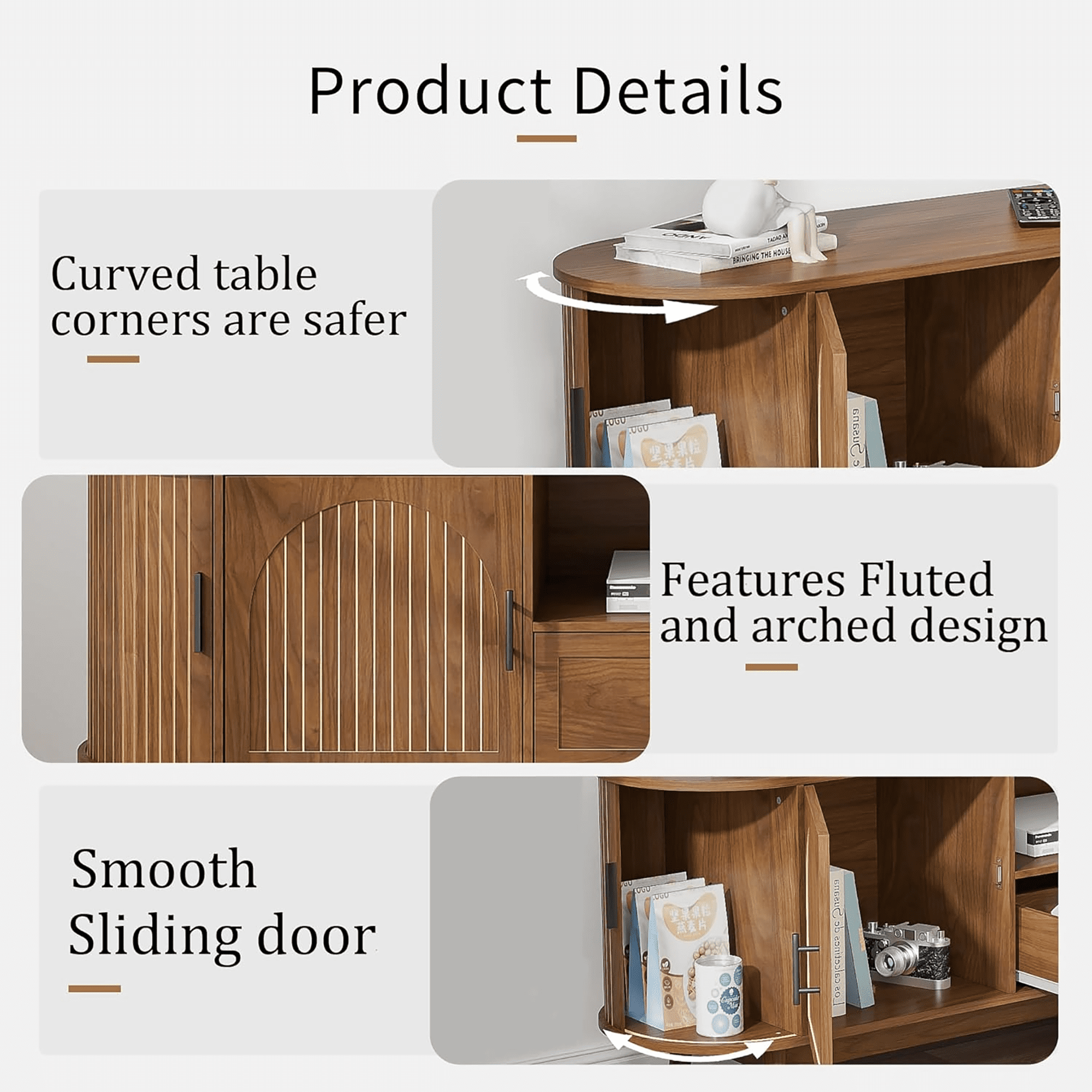 TV Stand for for TVs up to 80 Inch, 70" TV Console with Drawer and Fluted Doors, Modern Mid Century Entertainment Center for Living Room Bedroom, Walnut