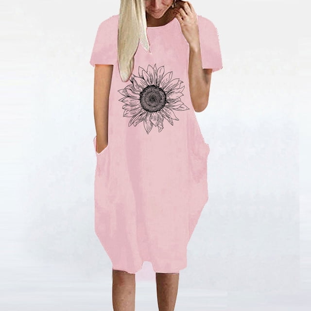 SMihono Robe d'Été pour Femmes 2024 Grande Taille Robe Décontractée Ample Imprimé Tournesol Manches Courtes Col en V Liquidation à Moins de 10!