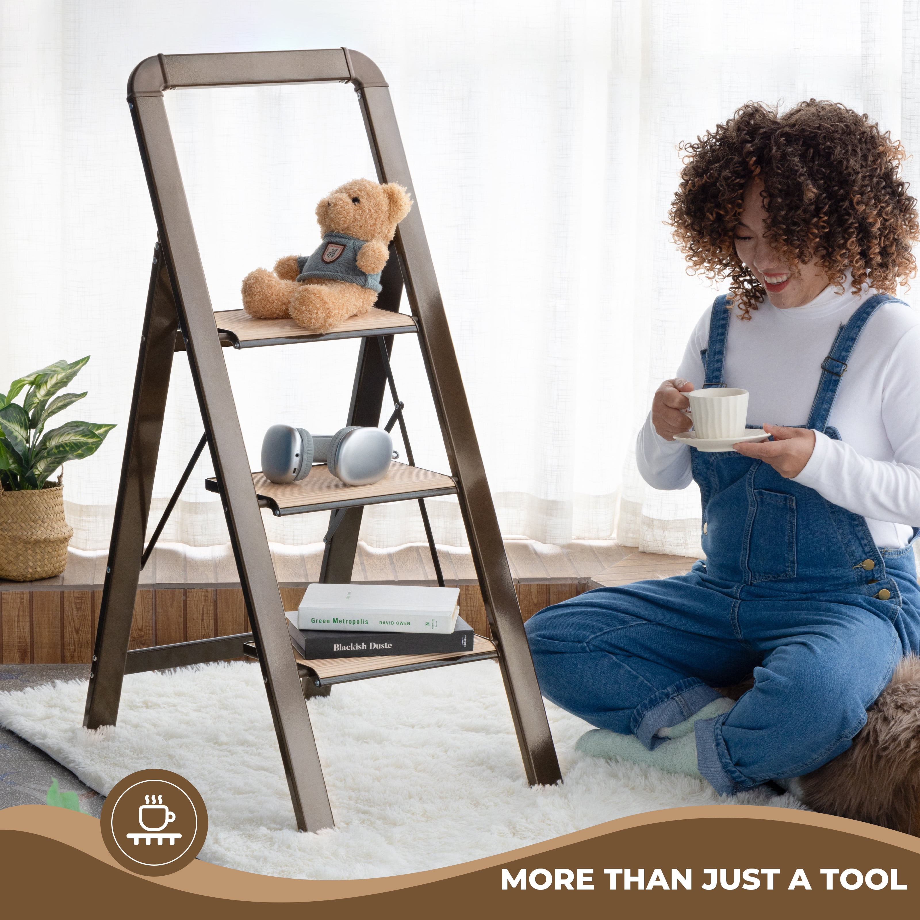3 Step Folding Ladder 450 lbs Capacity Aluminum Alloy with Handrails Non-Slip for Home Kitchen Garage