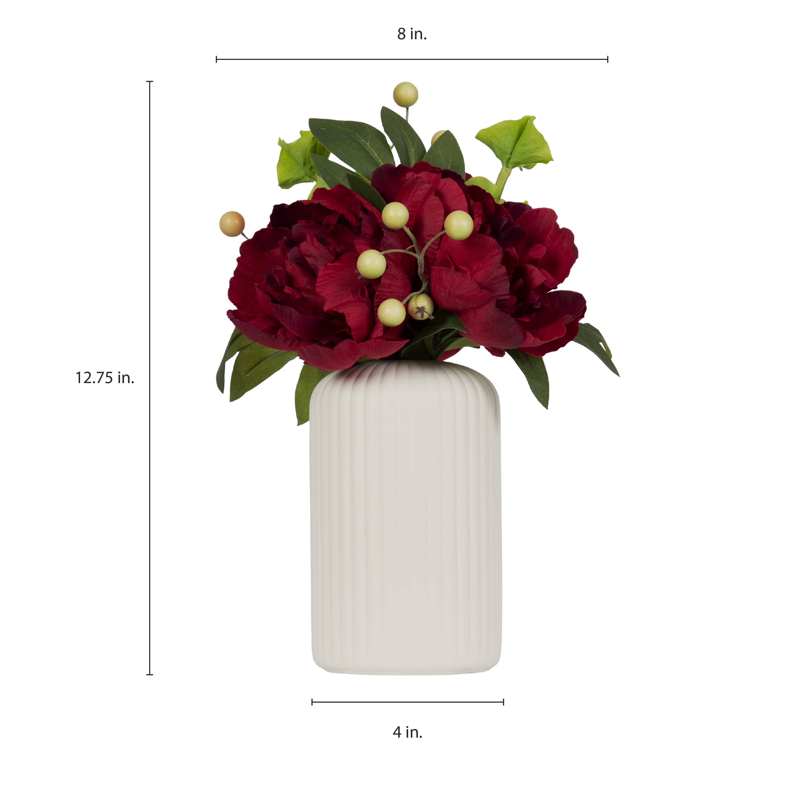 Better Homes & Gardens 12.75" Artificial Red Peony Flowers in Ribbed off-White Ceramic Vase