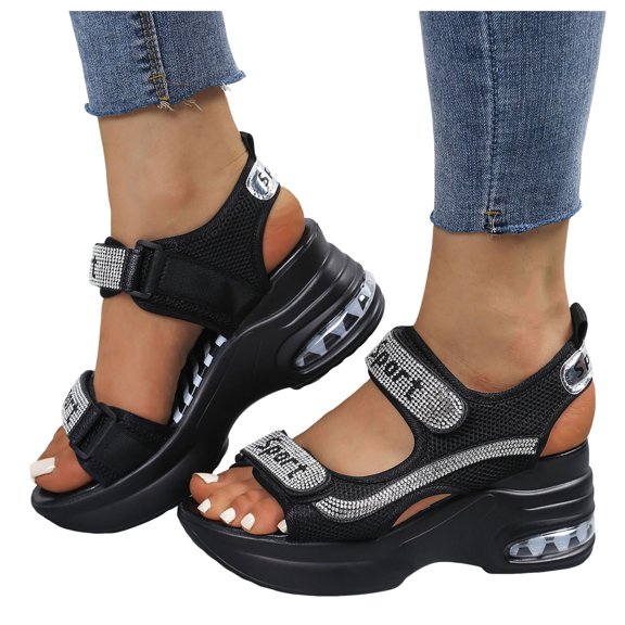 Rhinestones Sneakers Platform Sandals for Women 2025 Breathable Mesh Sport Walking Wedge Dad Sandals