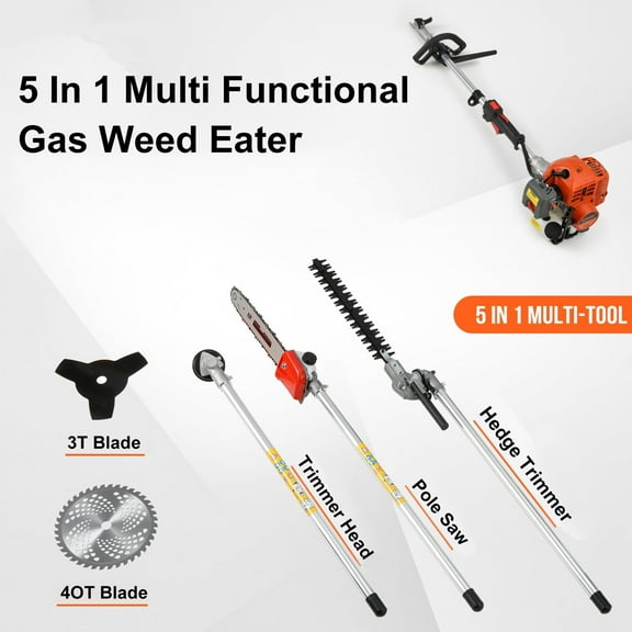 5-in-1 52CC Gas Multi-Tool - 2-Stroke Lawn Mower/Weed Trimmer/Hedge Trimmer/Brush Cutter/Chainsaw