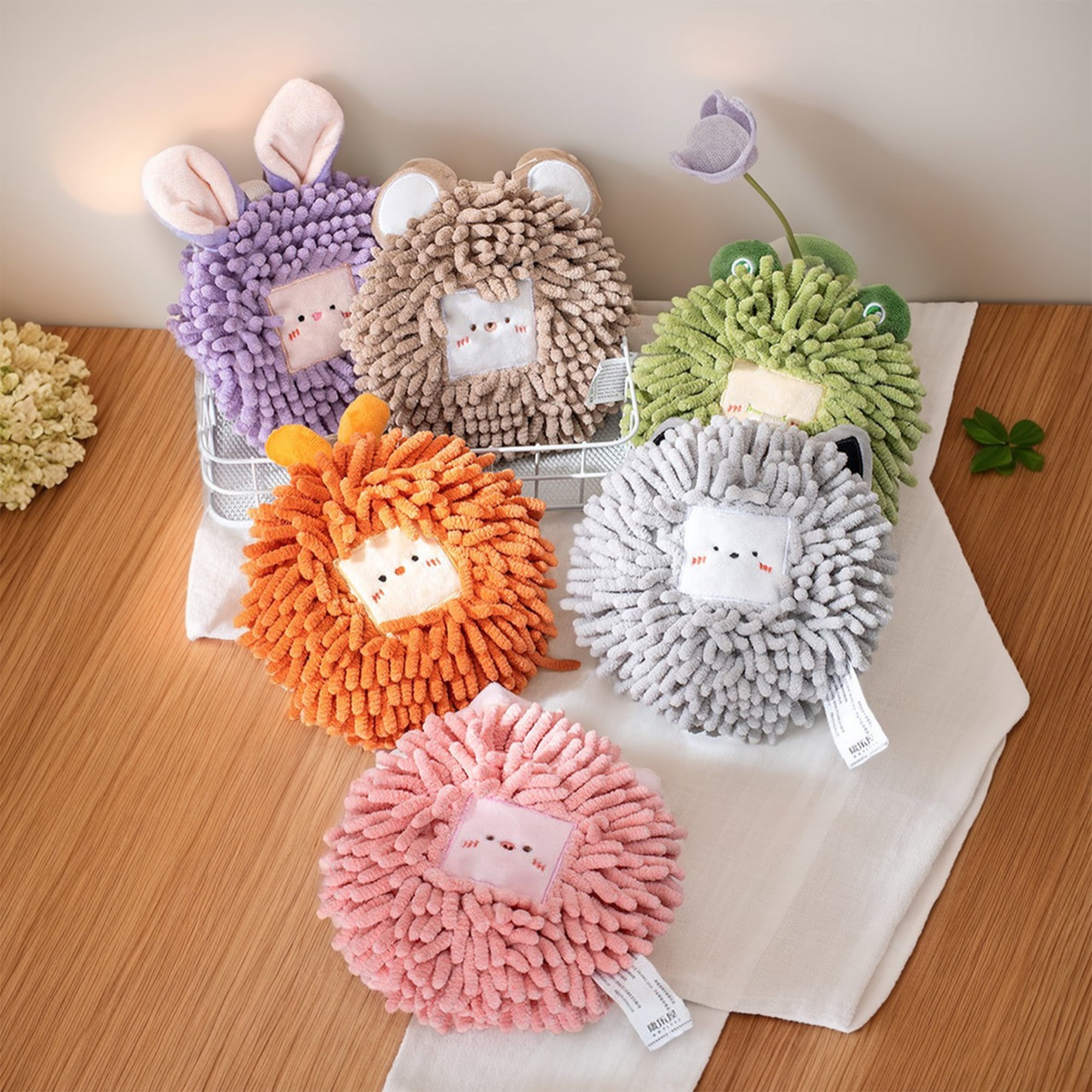 Unique Bargains 2 Pcs Chenille Ball Hanging Hand Towel 7" x 7" Pink/Green