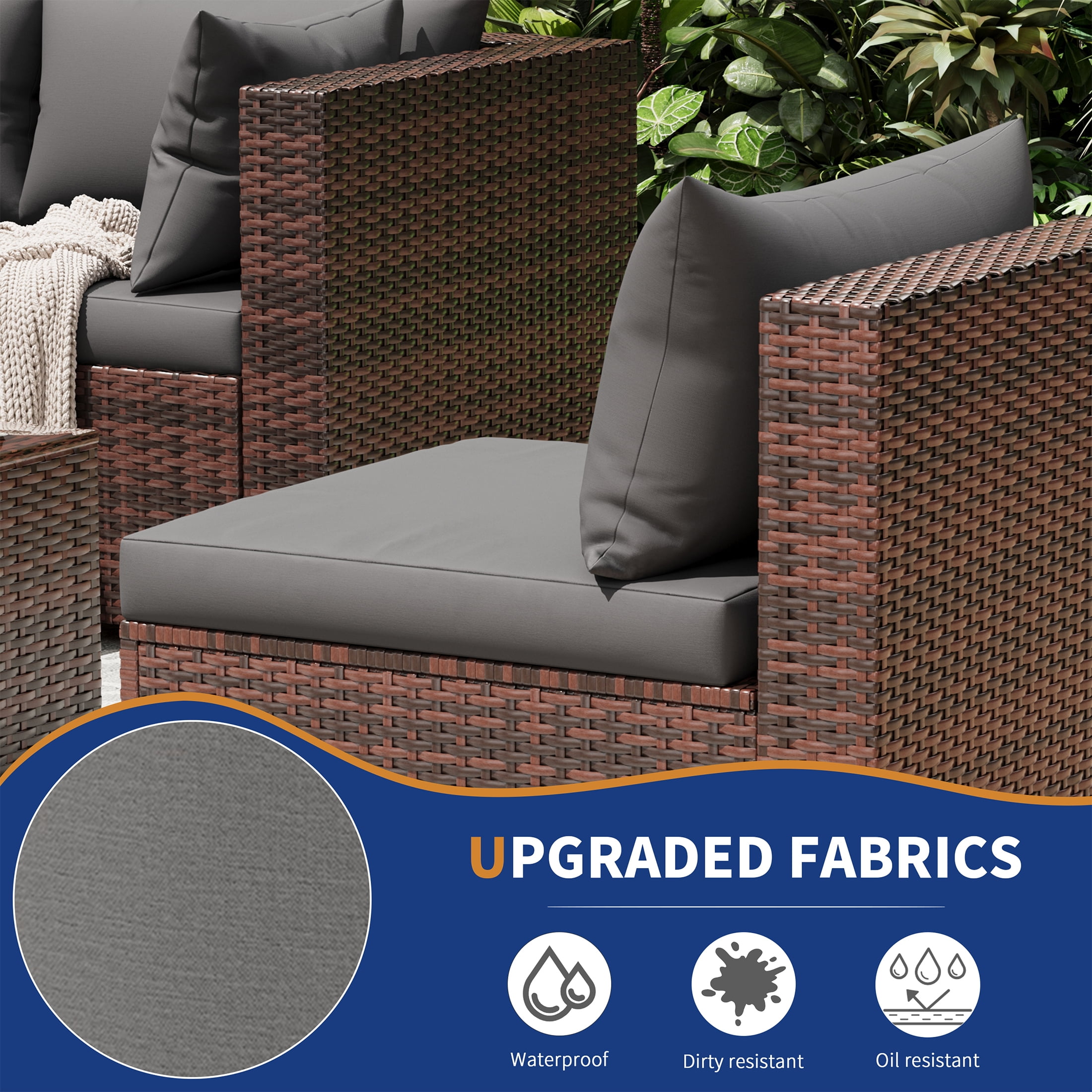 UDPATIO Patio Furniture Sets, Modular Rattan Outdoor Patio Sectional Furniture with 44" Fire Pit Table,, Wicker Patio Conversation Set for Backyard, Deck, Poolside w/Glass Coffee Table, 5PC Grey