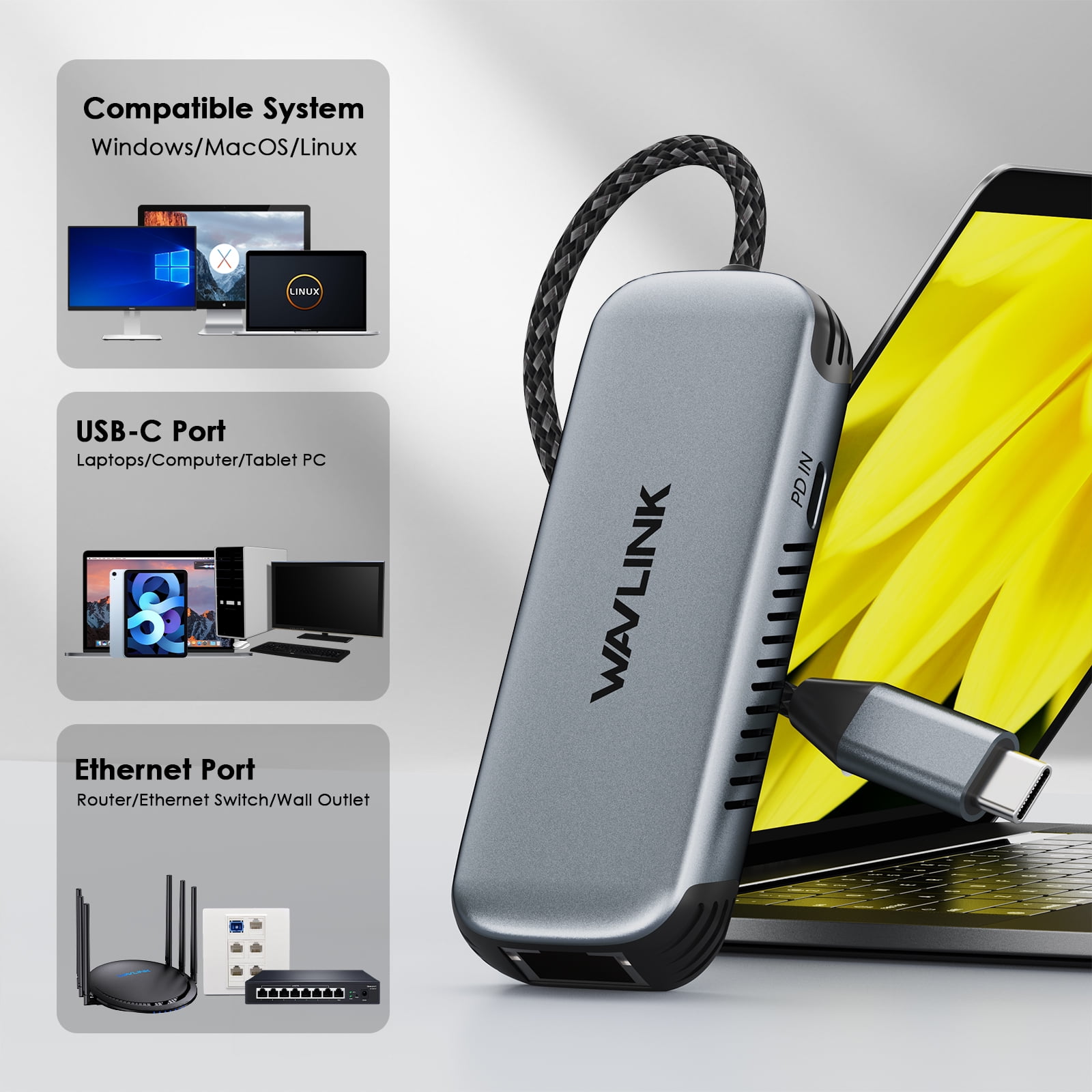 WAVLINK 5Gbps USB-C to Ethernet Adapter with 95W PD, 5000Mbps RJ45 Port, USB 3.2, Wake-On-LAN, Plug & Play for Windows/Mac/Linux/Chrome OS – Compact & Portable