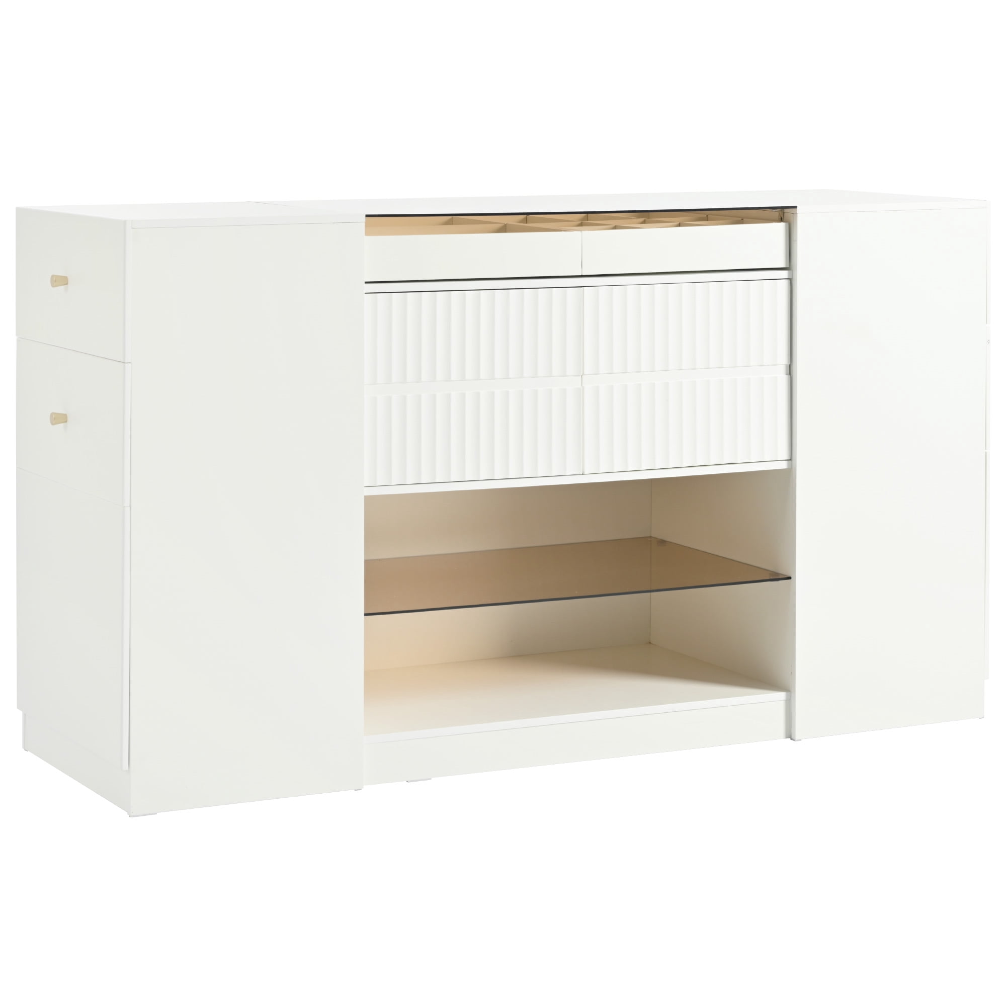 BaPiPro Modern Luxury Multi-Functional Island Vanity Dresser and Storage Cabinet with Glass Tabletop, Display Shelf, 6 Drawers, Cream White MDF