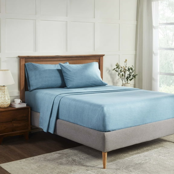 BNM Melange Soft Flannel Cotton Sheet Set, Full, Blue