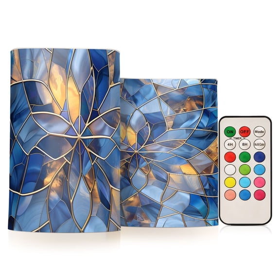 Blue and Gold Glass Flickering Flameless Candles Battery Operated with Remote Timer LED Pillar Candles Set of 2