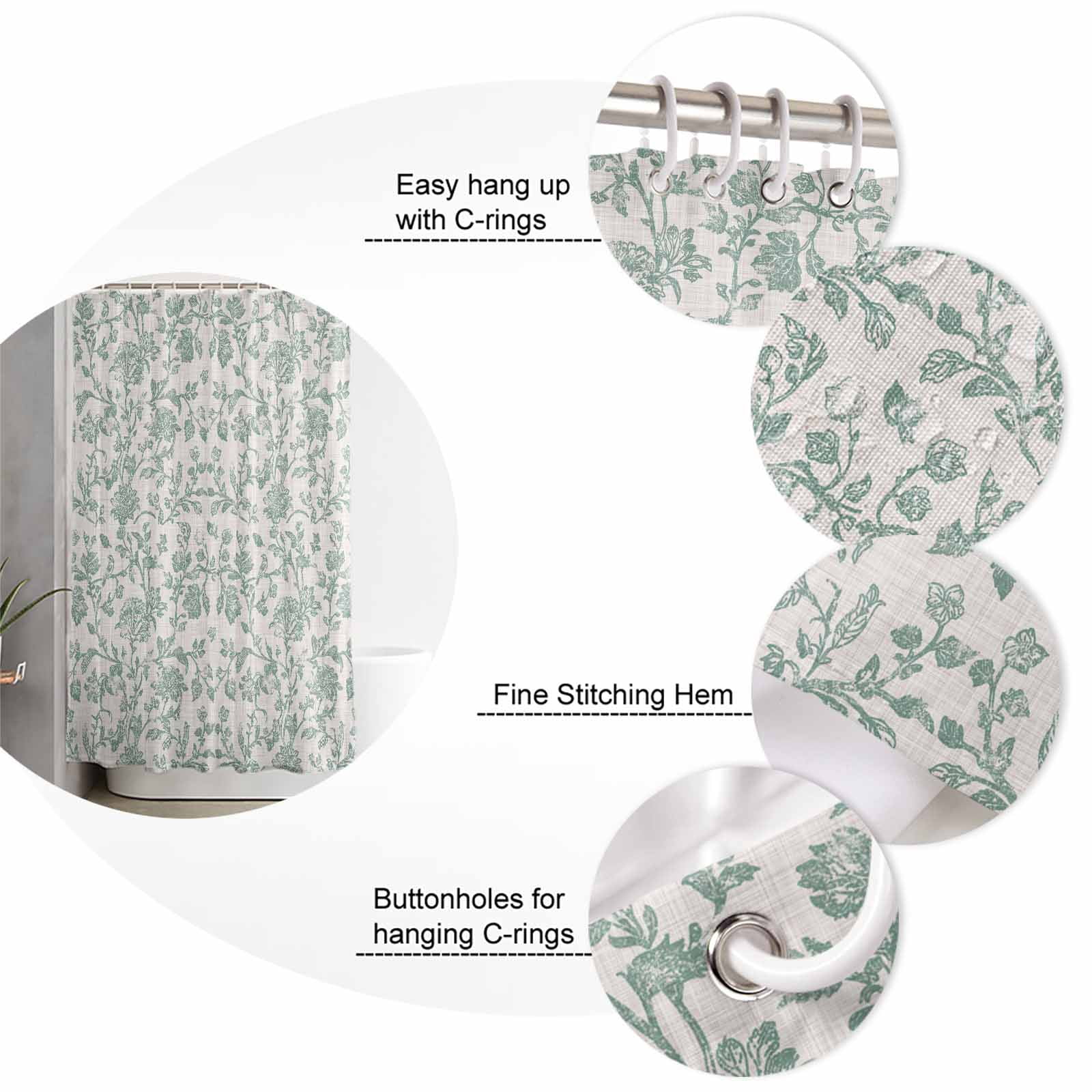 Small Stall Shower Curtain 36x72 Inch Narrow Half Size Turquoise Farmhouse Bath Curtains Bathroom Decor Vintage Flower Leaf Botanical Plant Waterproof Fabric Shower Curtain Set with Hooks 36 Inch