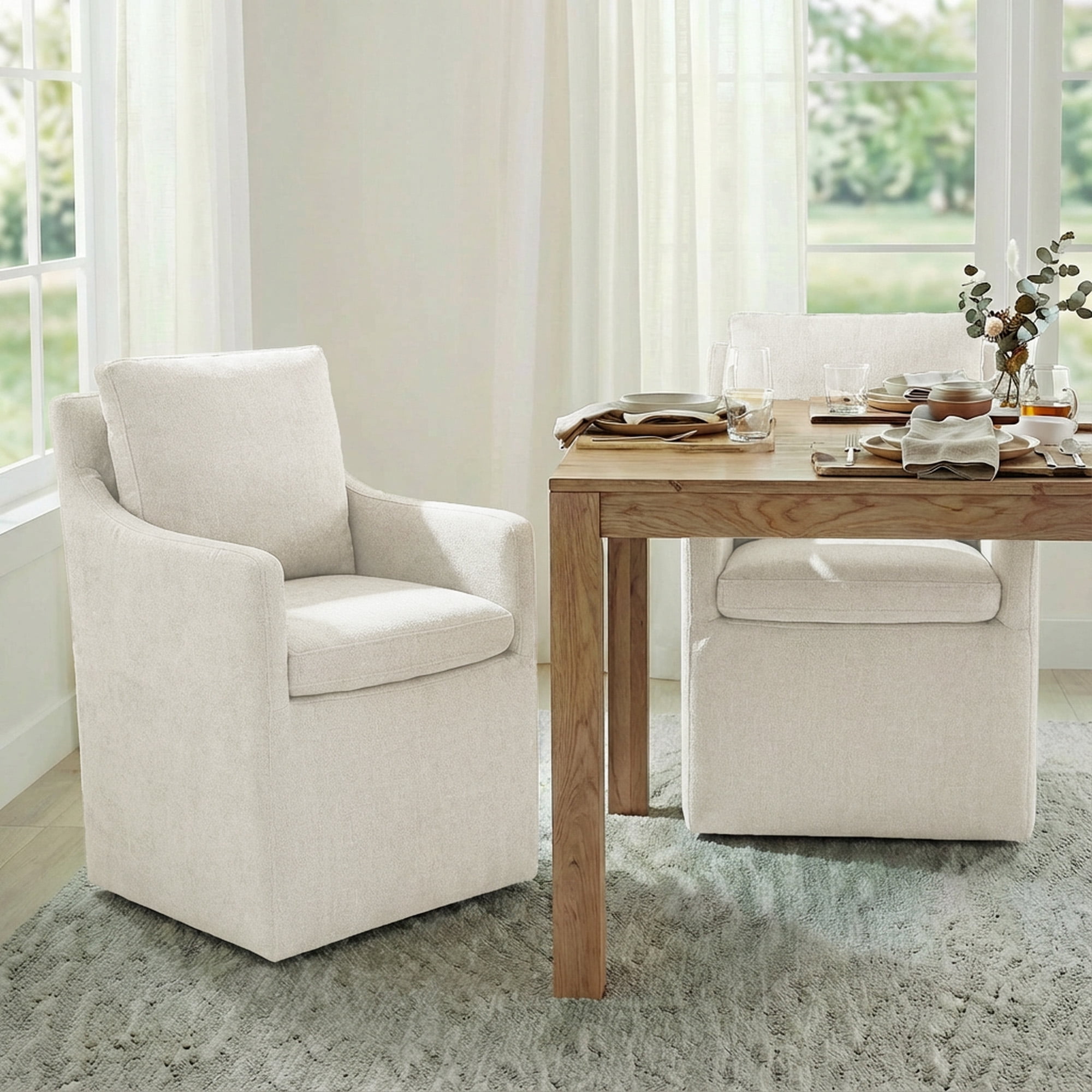 Spruce & Spring Modern Upholstered Dining Arm Chair with Casters No Assembly, Single, Linen Fabric