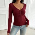 thumbnail image 6 of Fengqque Women’s Henley V Neck Long Sleeve Casual Top, Ruched Front Button Detail Slim Fitted long sleeve tee , Soft Stretchy Basic Top for Fall Winter Wine, 6 of 9