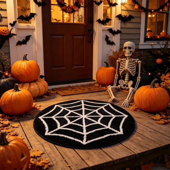 Antqov Halloween Door Mat, 24x24" Non Slip Washable Spider Web Bath Mat Soft Absorbent Halloween Bathroom Rug for Home Bathroom Decor