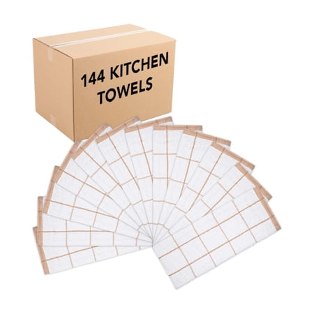 Arkwright Kitchen Towels (Bulk Case of 144) 15 x 25 in. 100% Cotton Tan & White Windowpane Pattern