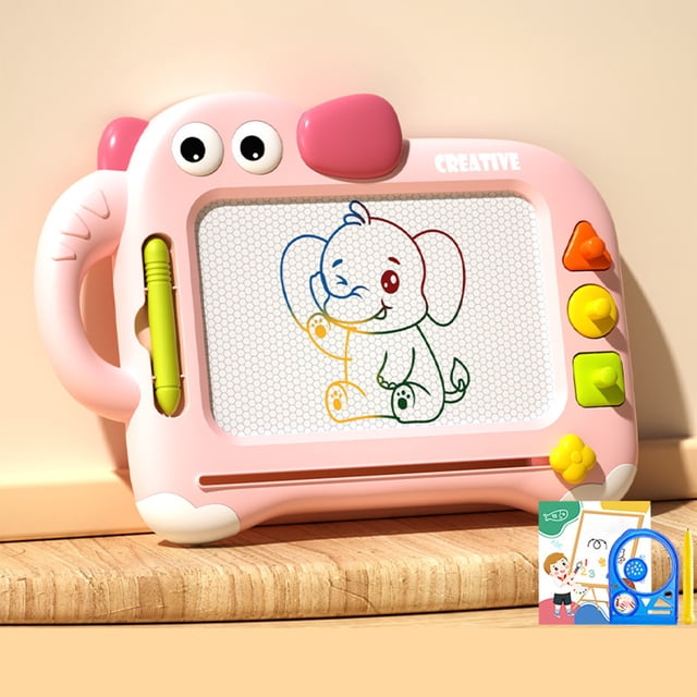 ZZkhGO Magnetic Drawing Board, a pink household writing doodle board designed for toddlers and kids. The board features a colorful erasable surface with a magnetic pen and four vibrant buttons on the side for interactive play. Shaped like an elephant with a handle for easy grip, it includes a sliding eraser for quick cleaning. The board is made of ABS material with rounded edges for safety, suitable for children aged 3 and up. A small box with additional accessories is visible in the corner.