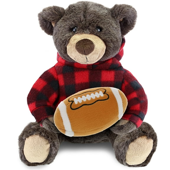 DolliBu Brown Bear Stuffed Animal with Football Plush β Super Soft Huggable Bear with Red Plaid Hoodie, Plush Toy Wildlife Gift, Football Plush Animal for Kids and Adults - 10 Inches