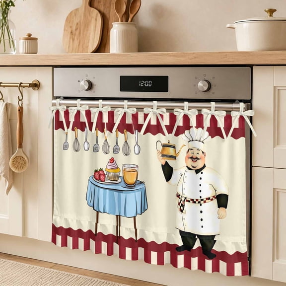 Smile Chef Oven Skirt Curtain, Kitchen Knife Fork Food Tie Top Tier Curtains Stove Dishwasher Skirt Small Window Drapes for Kitchen Bathroom Cafe 32"x24"