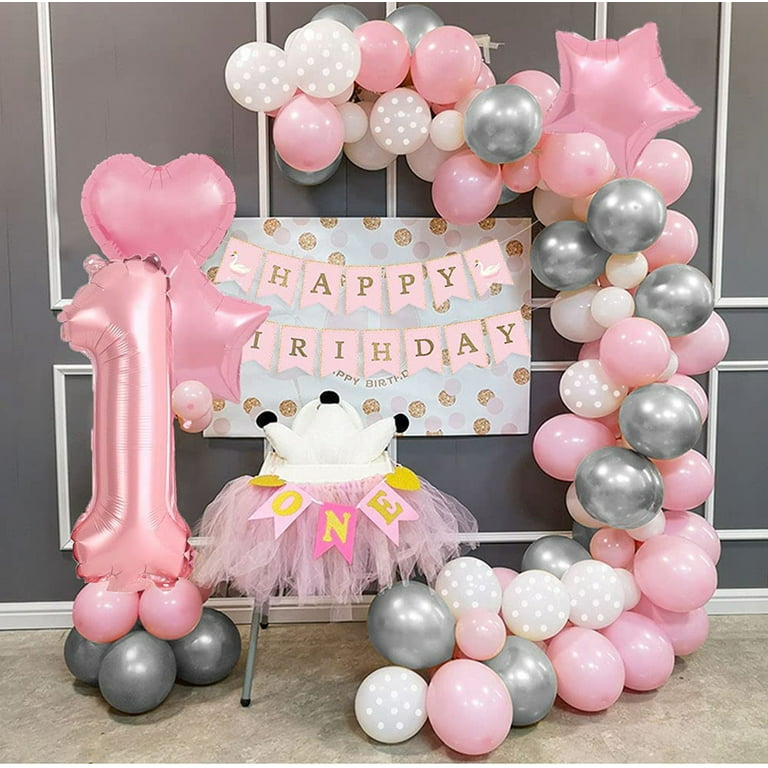 YANSION Pink Birthday Party Decorations for Girls, Happy Birthday Banner,  Cake Topper, 40 Number Balloons, Baby Pink Party Tablecloth, First  Birthday
