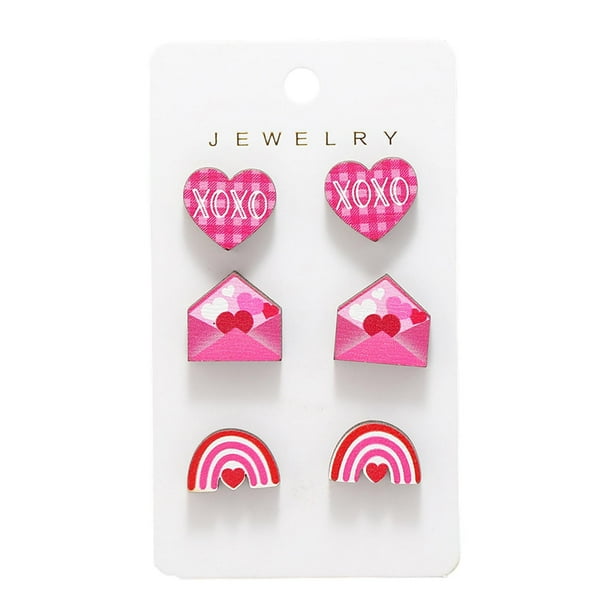 Cheapark 6-Piece Valentines Day Wooden Stud Earrings - Heart & Rose Gift Shaped Personalized Jewelry, Ideal Gift for Women & Holida ys