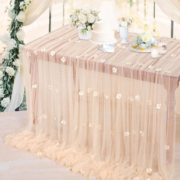 Luoluohouse Mantel De Tul Decoración De Mesa De Boda: Camino De Mesa De Perlas De Flores De 10 Pies, Mantel De Encaje De Tela De Tul Champán Para Mesa De Postre, Decoración Romántica De Mesa De Boda,