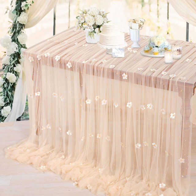 Luoluohouse Mantel De Tul Decoración De Mesa De Boda: Camino De Mesa De Perlas De Flores De 10 Pies, Mantel De Encaje De Tela De Tul Champán Para Mesa De Postre, Decoración Romántica De Mesa De Boda,