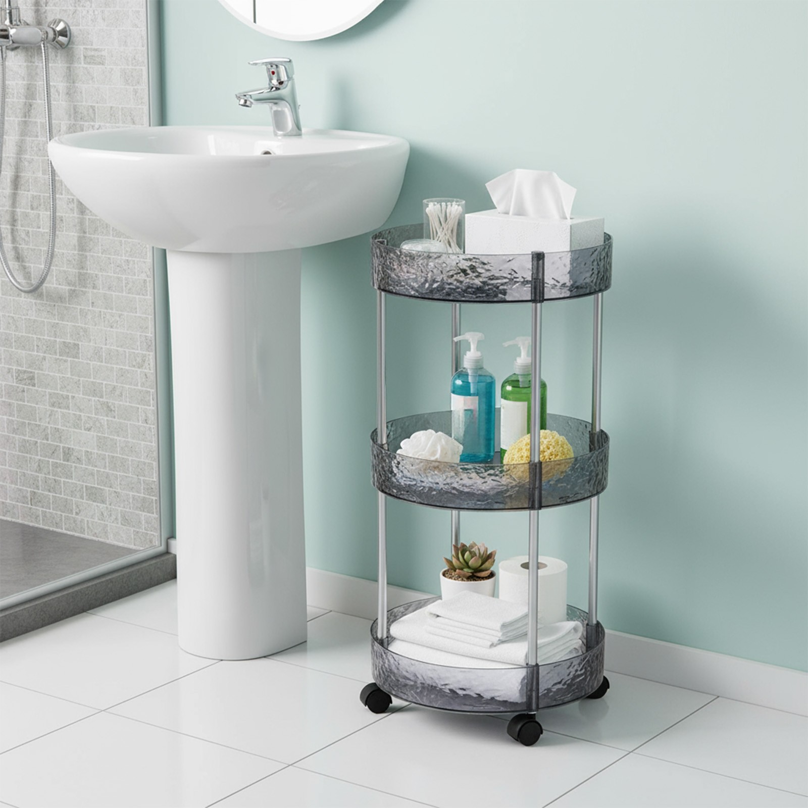 3 Tier Floor Storage Rack with Wheels for Kitchen Bathroom Living Room, Multi-Layer Organizer for Utensils Snacks Toiletries Shoes, Space Saving Vertical Storage Solution, Easy to Move and Access