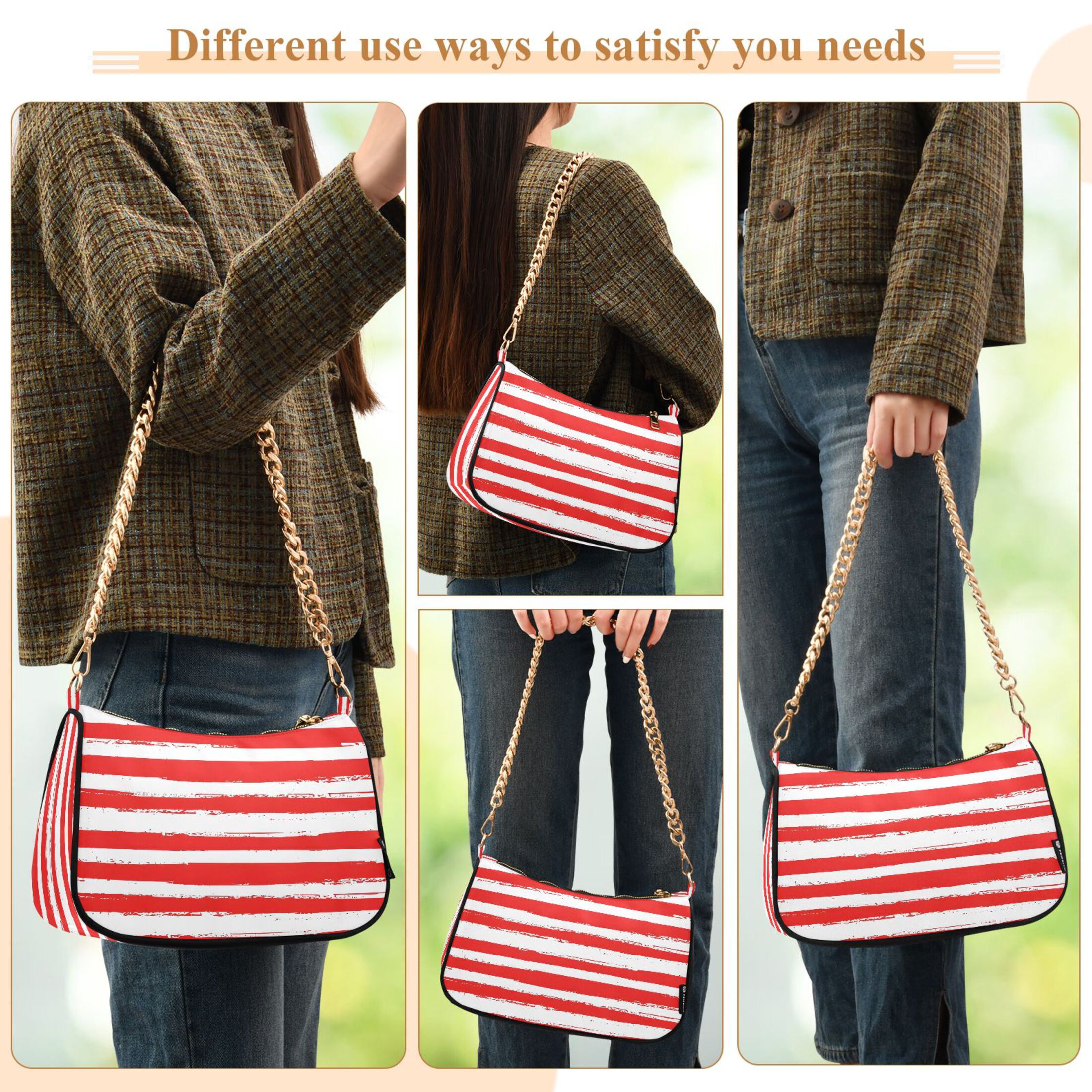 Ryvnso Red and White Stripes Womens Chain Shoulder Bag Tote Handbags Clutch Hobo Purse with Zipper for Travel