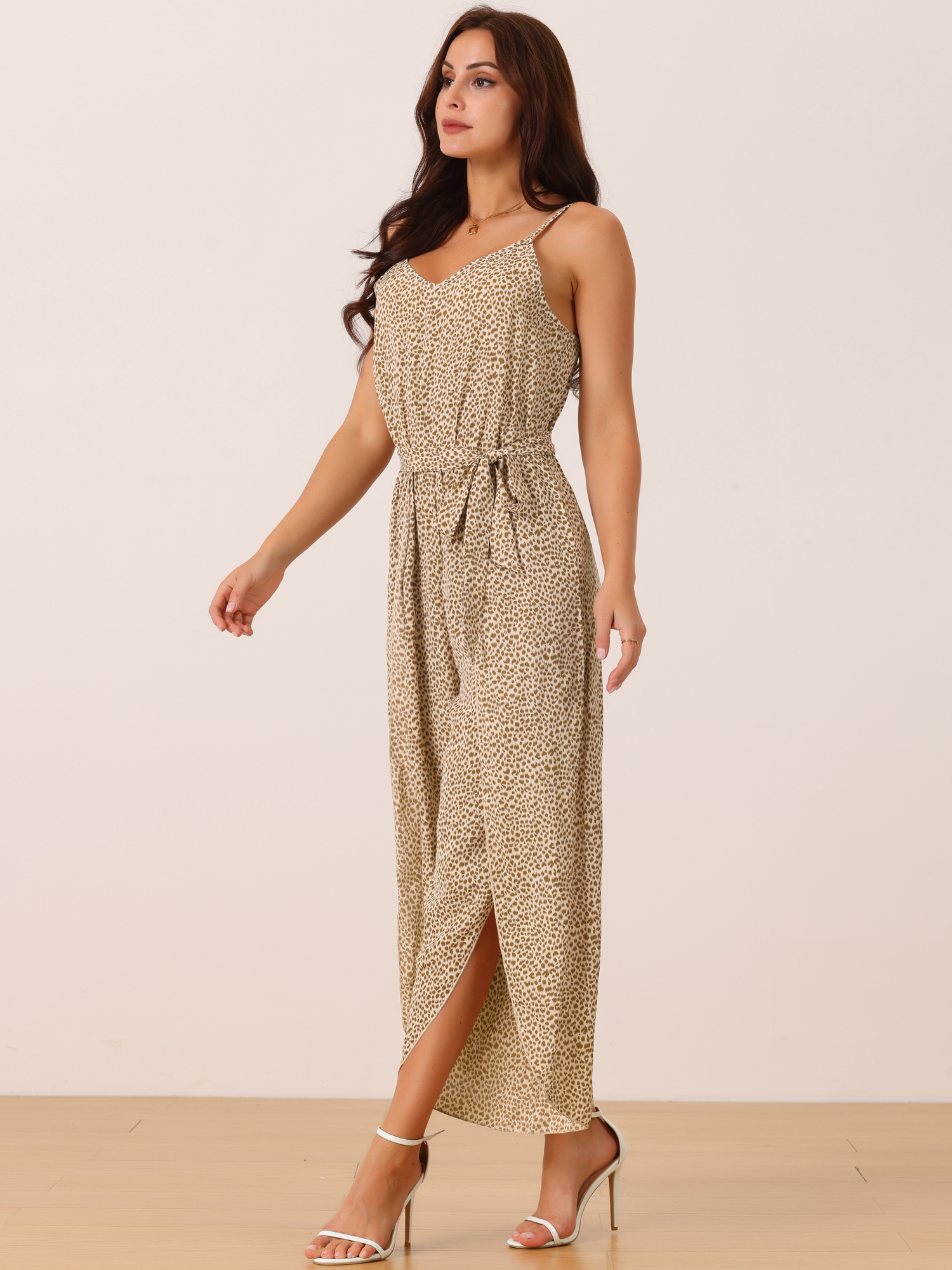 DARING DIVA Women's Summer Spaghetti Straps Sleeveless V Neck Jumpsuit L Brown