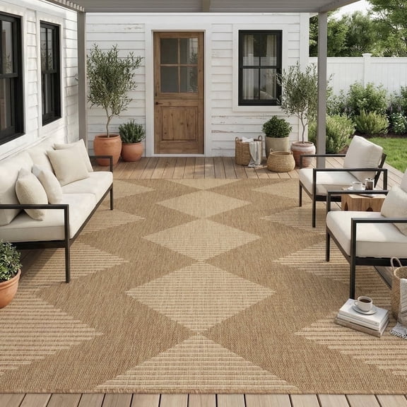 SIXHOME 5'x7' Outdoor Rugs, Bohemian Geometry Patio Rug, Indoor Outdoor Polypropylene Weave Textured Carpet, Water-Resistant, Quick-Dry Rug for Porch, Balcony, RV, Garden, Neutral Brown
