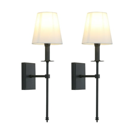 

Permo Set of 2 Classic Rustic Industrial Wall Sconce Lighting Fixture with Flared White Textile Lamp Shade and Black Tapered Column Stand…