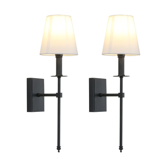 Permo Set of 2 Classic Rustic Industrial Wall Sconce Lighting Fixture with Flared White Textile Lamp Shade and Black Tapered Column Stand…