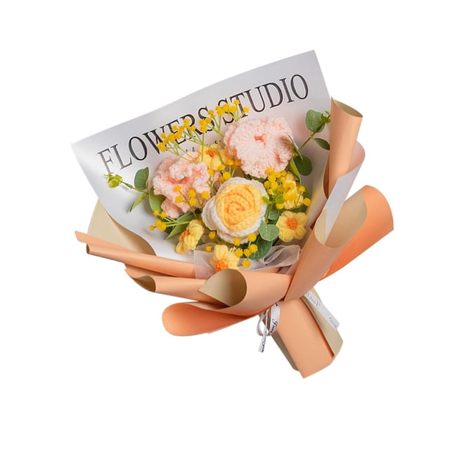 Flores de punto hechas a mano Flores artificiales Decoración de primavera Ramo de flores de ganchillo Amarillo