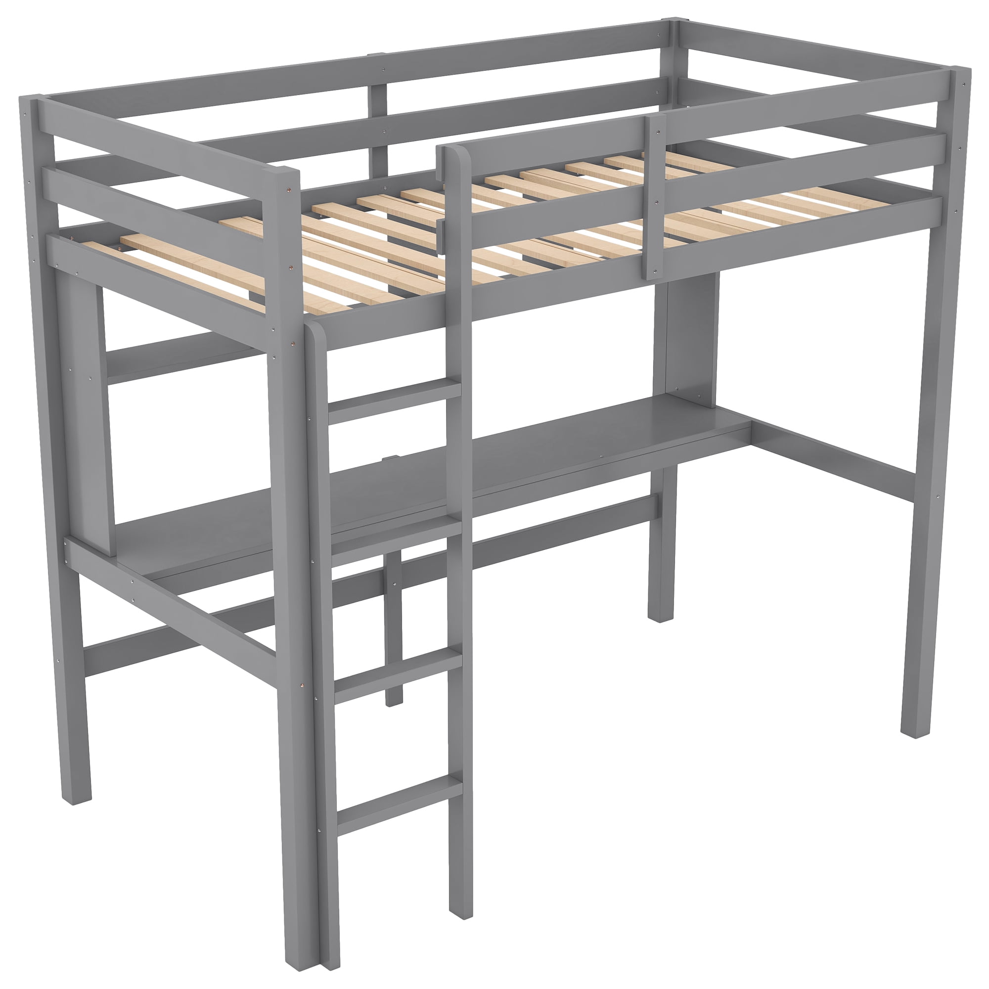 Aukfa Twin Loft Bed with Desk and 4 Shelves, Wood Bed Frame for Kids Teens and Dorm - Gray